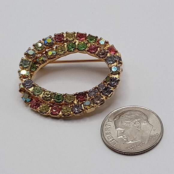 Vintage AB Pastel Prong Set Glass Rhinestone Oval Brooch, URANIUM Glass, 1 1/4" - Picture 6 of 10